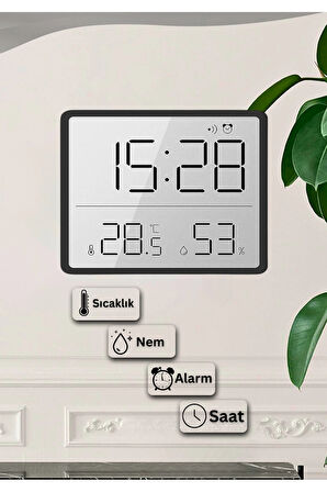 Dijital Duvar Saati Termometre Sıcaklık Ve Nem Ölçer Masa Saati Alarm LCD Ekran Duvara Takılır BEYAZ