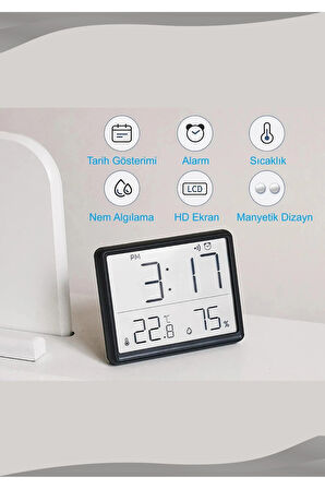 Dijital Duvar Saati Termometre Sıcaklık Ve Nem Ölçer Masa Saati Alarm LCD Ekran Duvara Takılır BEYAZ