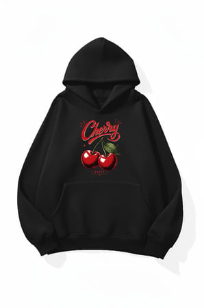 Unisex Yumuşak Dokulu Retro Cherry Baskılı Tasarım Oversize 3 İplik Hoodie Sweatshirt