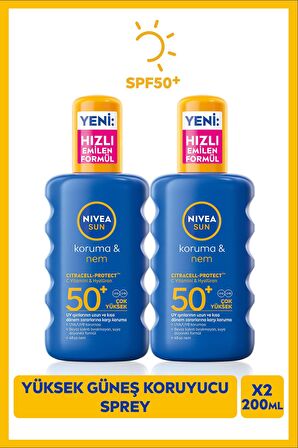 SUN Güneş Koruyucu Ve Nemlendirici Vücut Spreyi 200ml, SPF50 UVA UVB Koruması, X2Adet, Çanta Hediye