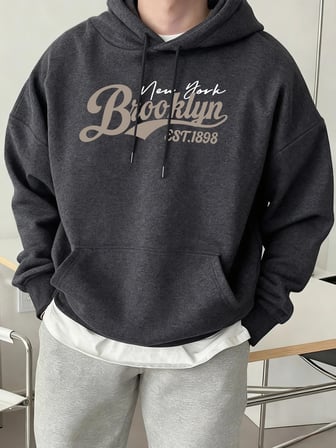 Brooklyn New York Est. 1898 Baskı Erkekler Kapşonlu Sonbahar Cep Sokak Şıklığı Gevşek Polar T