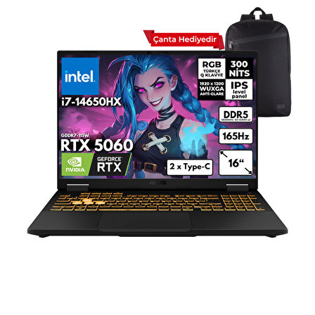 ASUS TUF Gaming F16 i7-14650HX 32-GBDDR5 1 TBSSD RTX5060 (8GB-GDDR7-115W) 16" WUXGA 165Hz Freedos + Sırt Çantası FX608JMR-RV024HMF2