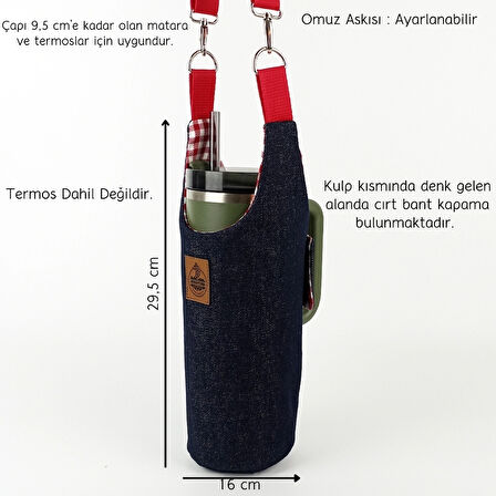 Woodycord El Yapımı Kot Matara Termos Kılıfı Kulplu Model Quencher Pipetli 1,18
