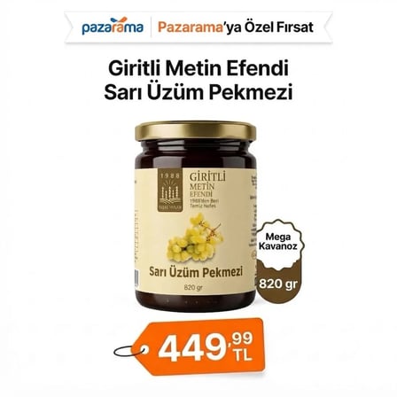 Sarı Üzüm Pekmezi 820 gr - 1988'den Beri Geleneksel Giritli Metin Efendi