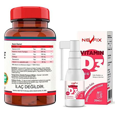 Nevfix Koenzim Resveratrol Q10 Karamuk 120 & Nevfix Vitamin D3 400 Iu 20 ml Sprey