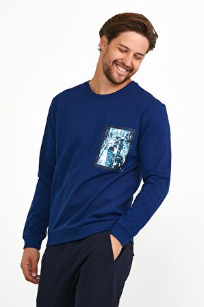 Erkek Önü Baskılı Bisiklet Yaka Spor Sweatshirt Mavi