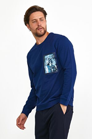 Erkek Önü Baskılı Bisiklet Yaka Spor Sweatshirt Mavi