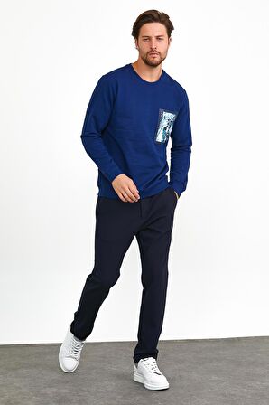 Erkek Önü Baskılı Bisiklet Yaka Spor Sweatshirt Mavi