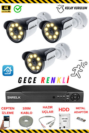 SNRELK  Hama 3 Kameralı 5mp lens 320gb Gece Renkli Su Geçirmez Güvenlik Kamera Seti 5536