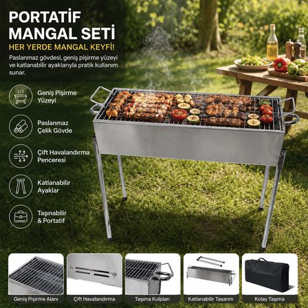 Lunaev Paslanmaz Mangal Portatif Ayaklı - Standlı 70 cm