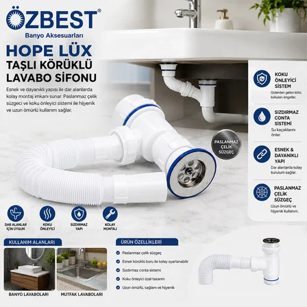 LÜX PASLANMAZ TAŞLI KÖRÜKLÜ LAVABO SİFON (4490)