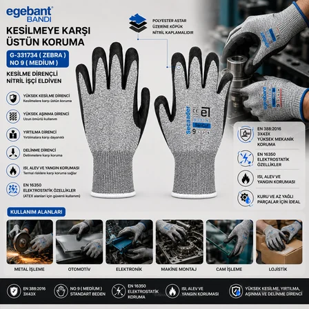 10 ADET  ZEBRA NO 9 MEDİUM KESİLME DİRENÇLİ NİTRİL İŞÇİ ELDİVEN BANDI (4490)