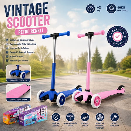 Lunaev Işıksız Vintage Scooter 55x57 - 64 - 71 cm Retro Renkli 2+ Yaş - 40 kg Max Taşıma Herhangi Bi