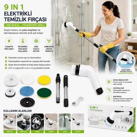 9IN1 25W - KABLOSUZ - HIZLI ŞARJ ELEKTRİKLİ ŞARJLI TEMİZLİK FIRÇASI RZG-2026 (4490)