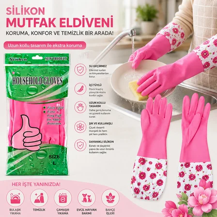 10 ADET SU GEÇİRMEZ - UZUN KOLLU L ÇİÇEK DESEN SİLİKON ELDİVEN MUTFAK - BANYO (4490)