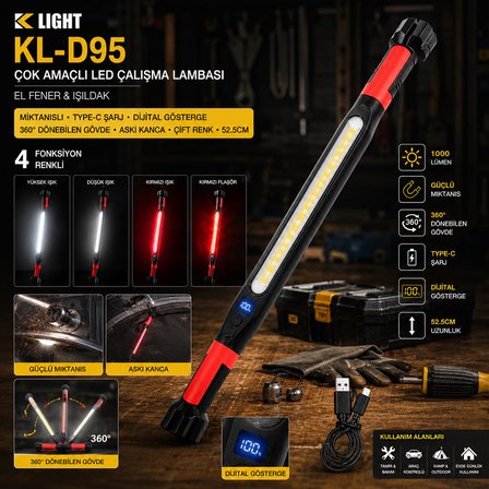 MIKNATISLI TYPE-C ŞARJ - DİJİTAL GÖSTERGE 360° DÖNEBİLEN GÖVDE - ASKI KANCA - ÇİFT RENK - 52.5CM EL 