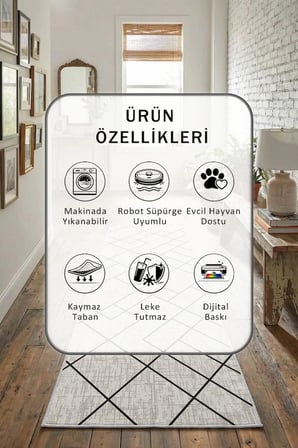 Yıkanabilir Kaymaz Dijital Baskılı Yolluk Halı Tüy Tutmaz Açık Gri