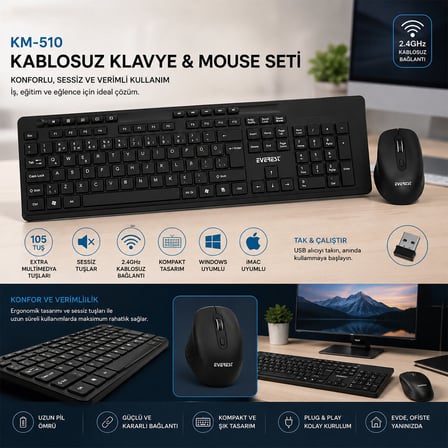 Lunaev Kablosuz Multimedia Klavye - Mouse Seti Siyah Q Klavye Km - 510
