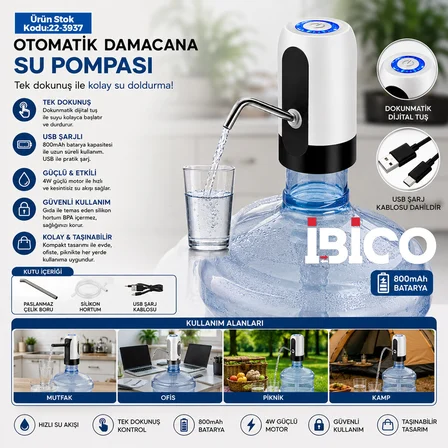 USB ŞARJLI - OTOMATİK DAMACANA SU POMPASI 4W - 800mAH İ11-071 (4490)