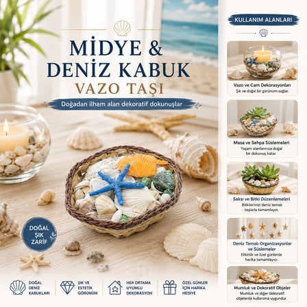 Lunaev Küçük - Kare - Ahşap Sepetli Renkli Mix Midye - Deniz Kabuk Vazo Taşı