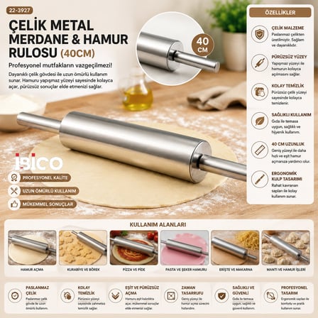 Lunaev Çelik Metal Merdane - Hamur Rulosu 40 cm
