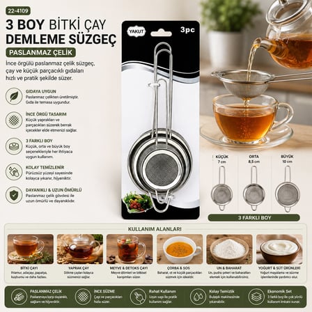 Lunaev 3 Parça Set Mini - 5 - 7 - 8 cm Tel Süzgeç Metal Çerçece Metal Sap - 8.5 - 10.5 - 10.5 cm