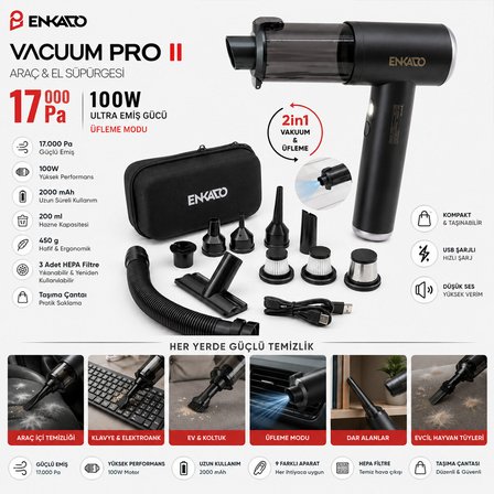 OTO ARAÇ - 2IN1 ŞARJLI 100W - 17000PA 9 BAŞLIK - 3 FİLTRE EL TİPİ BASINÇLI HAVA ÜFLEME - ARAÇ SÜPÜRG