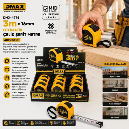 12 ADET 3MT X 16MM OTOMATİK ÇELİK ŞERİT METRE STOPLU (4490)
