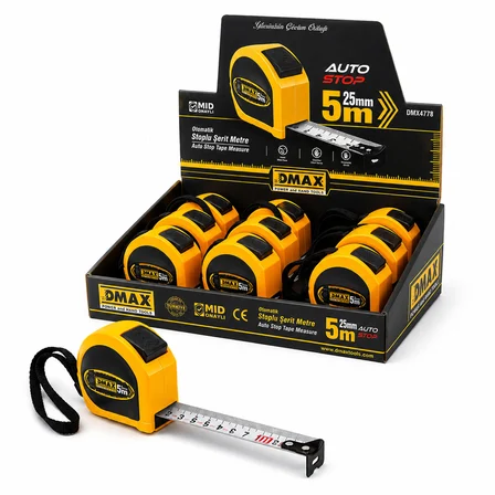 12 ADET 5MT X 25MM OTOMATİK ÇELİK ŞERİT METRE STOPLU (4490)