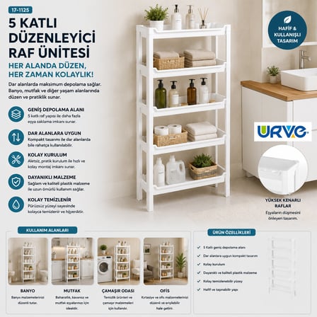 Lunaev Rafty 5 Katlı Sepet Organizer Düzenleyici Raf Ünitesi 465x145x870 mm