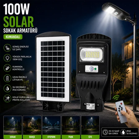 100W - 6500K SOLAR - GÜNEŞ ENERJİLİ SOKAK LAMBASI - ARMATÜR SENSÖRLÜ BAHÇE-BALKON-SOKAK ARS-348964 (