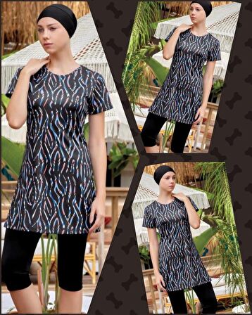 Rozamay Belle  9087 Kısa Kol Lycralı Dijital Desen Tesettür Havuz Mayo