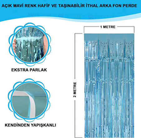 Açık Mavi Renk Ekstra Metalize Parlak Saçaklı Arka Fon Perde İthal A Kalite 1x2 Metre (4490)