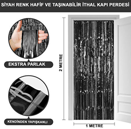 Siyah Renk Ekstra Metalize Parlak Saçaklı Arka Fon Perde İthal A Kalite 1x2 Metre (4490)