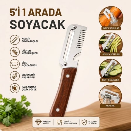 5&amp;#39;i 1 Arada Çok Fonksiyonlu Sebze ve Patates Soyucu, Paslanmaz Çelik Bıçaklı, Ahşap Saplı Mu
