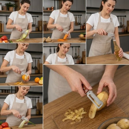 5&amp;#39;i 1 Arada Çok Fonksiyonlu Sebze ve Patates Soyucu, Paslanmaz Çelik Bıçaklı, Ahşap Saplı Mu
