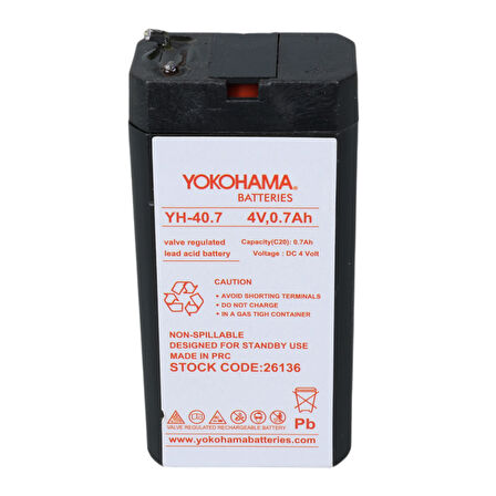 YOKOHAMA YH-40.7 4 VOLT - 0.7 AMPER KURU AKÜ (34X22X64 MM) (4490)