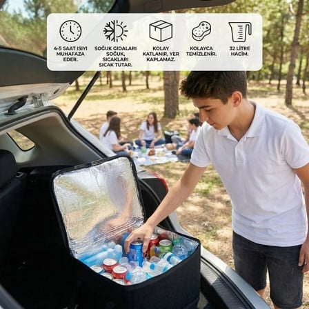 Lunaev Isı Koruyucu Termal Taşıma Çantası 32 Litre - Araç Bagaj Organizeri, Termos, Katlanabilir Keç