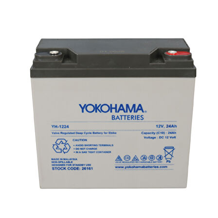 YOKOHAMA YH-1224 12 VOLT - 24 AMPER ELEKTRİKLİ BİSİKLET AKÜSÜ (180 X 76 X 167 MM) (4490)