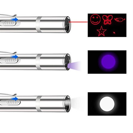 Usb İle Şarj Edilebilen 3In 1 Kırmızı Işık +Beyaz Led Meşale Işık + Uv El Feneri Kedi Lazeri (4490)