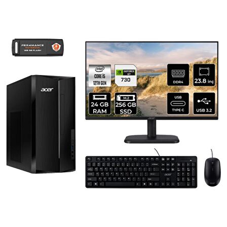 Acer Aspire TC1760 i5 12400 24GB 256GB SSD GT730/4GB FDOS DT.BHUEM.005 MASAÜSTÜ PC & 23.8" MONİTÖR