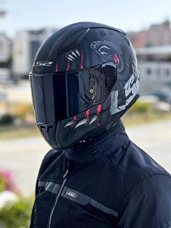 LS2 Rapid 2 Clawn Mat Siyah Gri Kırmızı Kask Siyah Vizörlü