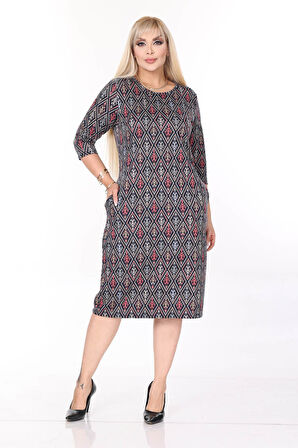 Çift Cepli Desenli Esnek Kışlık Büyük Beden Midi Elbise 44A-2701