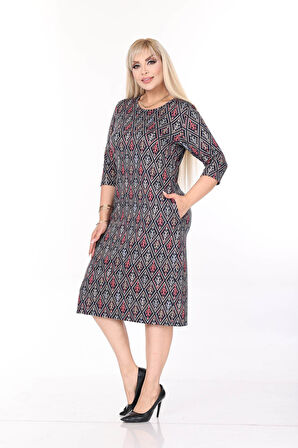 Çift Cepli Desenli Esnek Kışlık Büyük Beden Midi Elbise 44A-2701