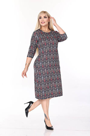 Çift Cepli Desenli Esnek Kışlık Büyük Beden Midi Elbise 44A-2701