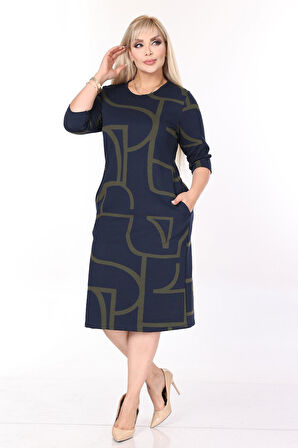 Çift Cepli Desenli Esnek Kışlık Büyük Beden Midi Elbise 44A-2708