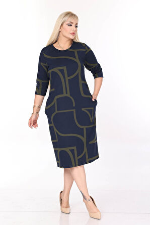 Çift Cepli Desenli Esnek Kışlık Büyük Beden Midi Elbise 44A-2708