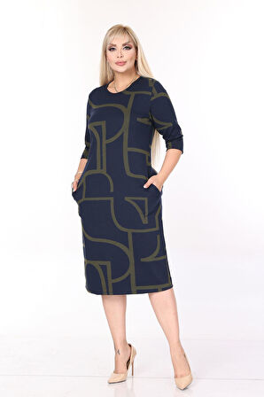Çift Cepli Desenli Esnek Kışlık Büyük Beden Midi Elbise 44A-2708