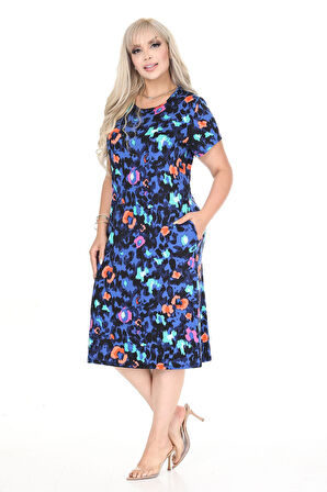 Büyük Beden Likralı Viskon Cepli Desenli Elbise 44B-2697