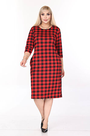 Çift Cepli Desenli Esnek Kışlık Büyük Beden Midi Elbise 44B-2702